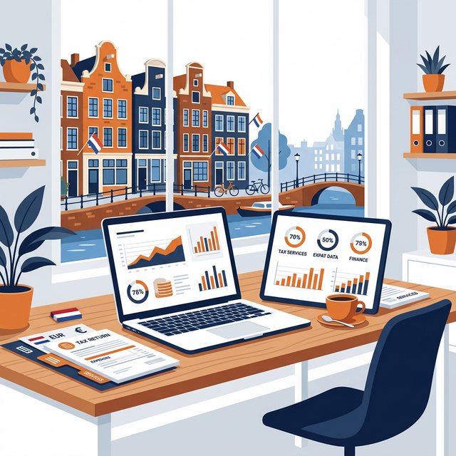 Professional workspace overlooking Amsterdam canal houses, representing DutchExpatTax.com's expertise in Dutch tax services for expats
