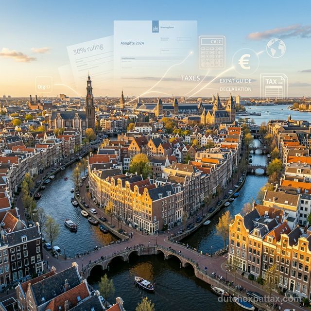 Panoramic aerial view of Amsterdam canals with translucent overlay of Dutch tax documents and calculator icons
