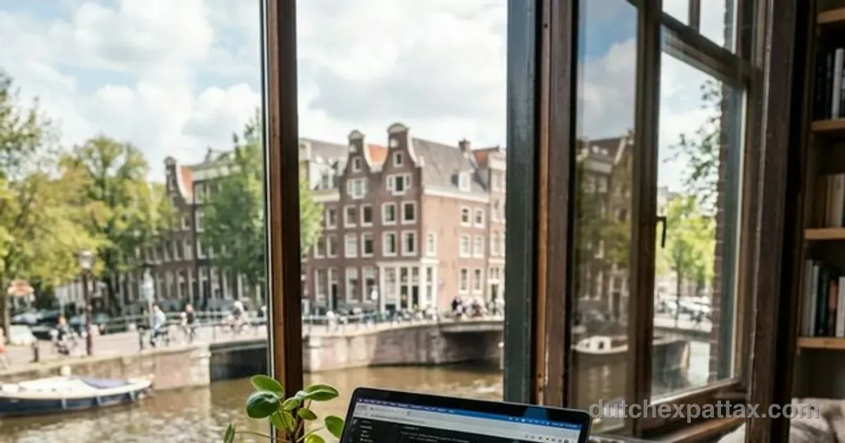 Modern laptop setup on a rustic table with a view of a Dutch canal