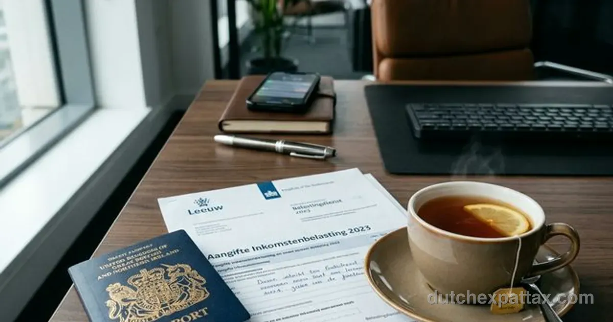 UK Brexit passport next to Dutch tax documents and a cup of tea on a sleek desk
