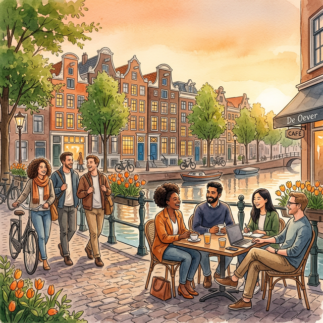 Diverse international professionals calculating Dutch taxes with Amsterdam canal houses and a Dutch windmill in the background